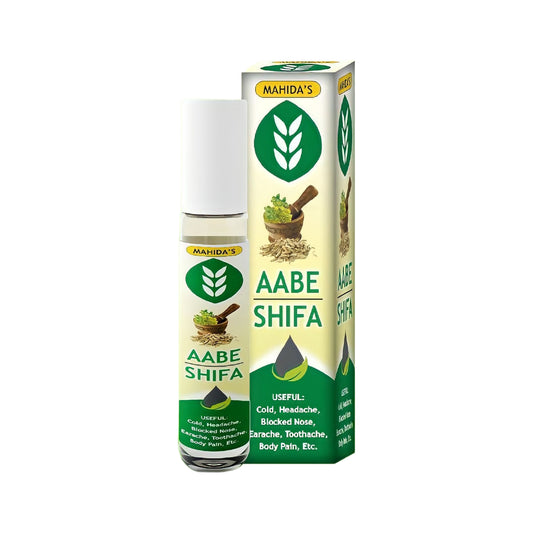 Aabe Shifa bottle and packaging with Mahida's logo on a white background