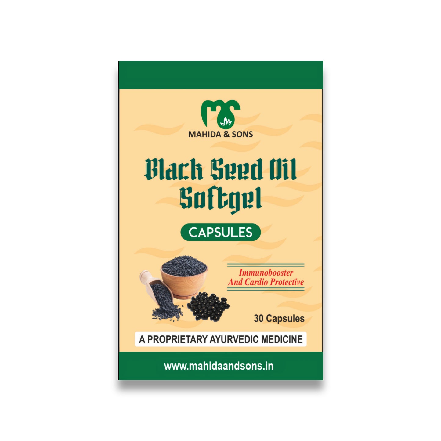 Packaging of Mahida & Sons Black Seed Oil Softgel Capsules on a white background