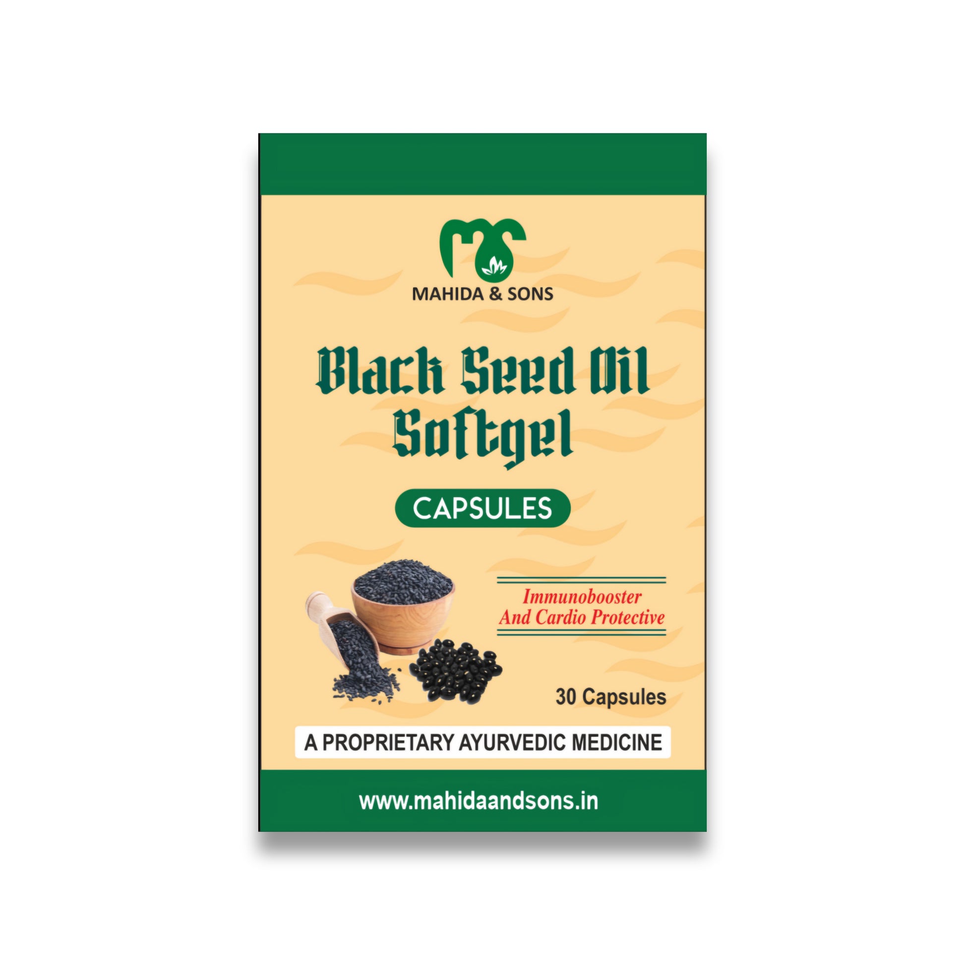 Packaging of Mahida & Sons Black Seed Oil Softgel Capsules on a white background