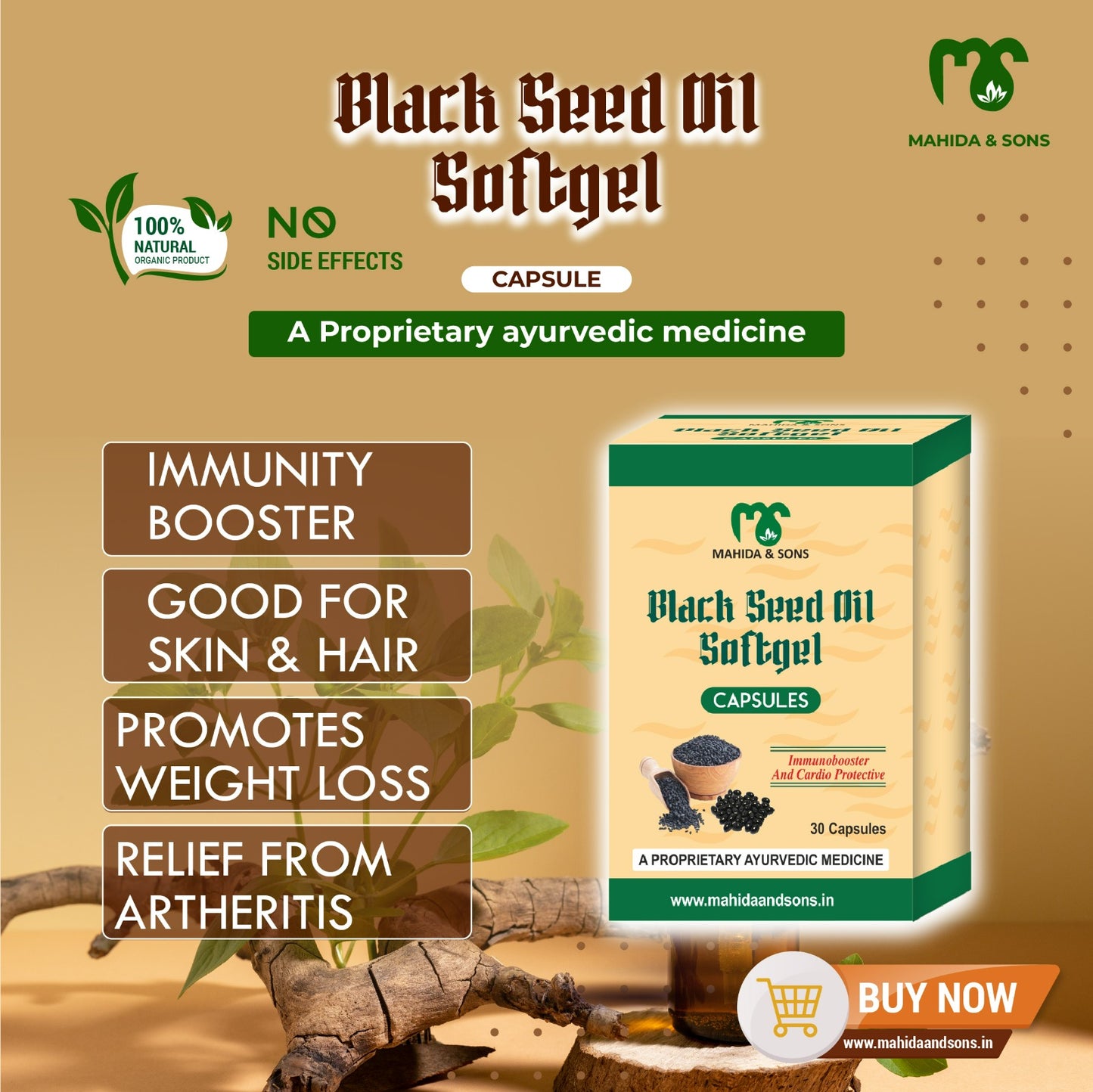 Advertisement for Black Seed Oil Softgel capsules with product packaging and benefits listed on a beige background.