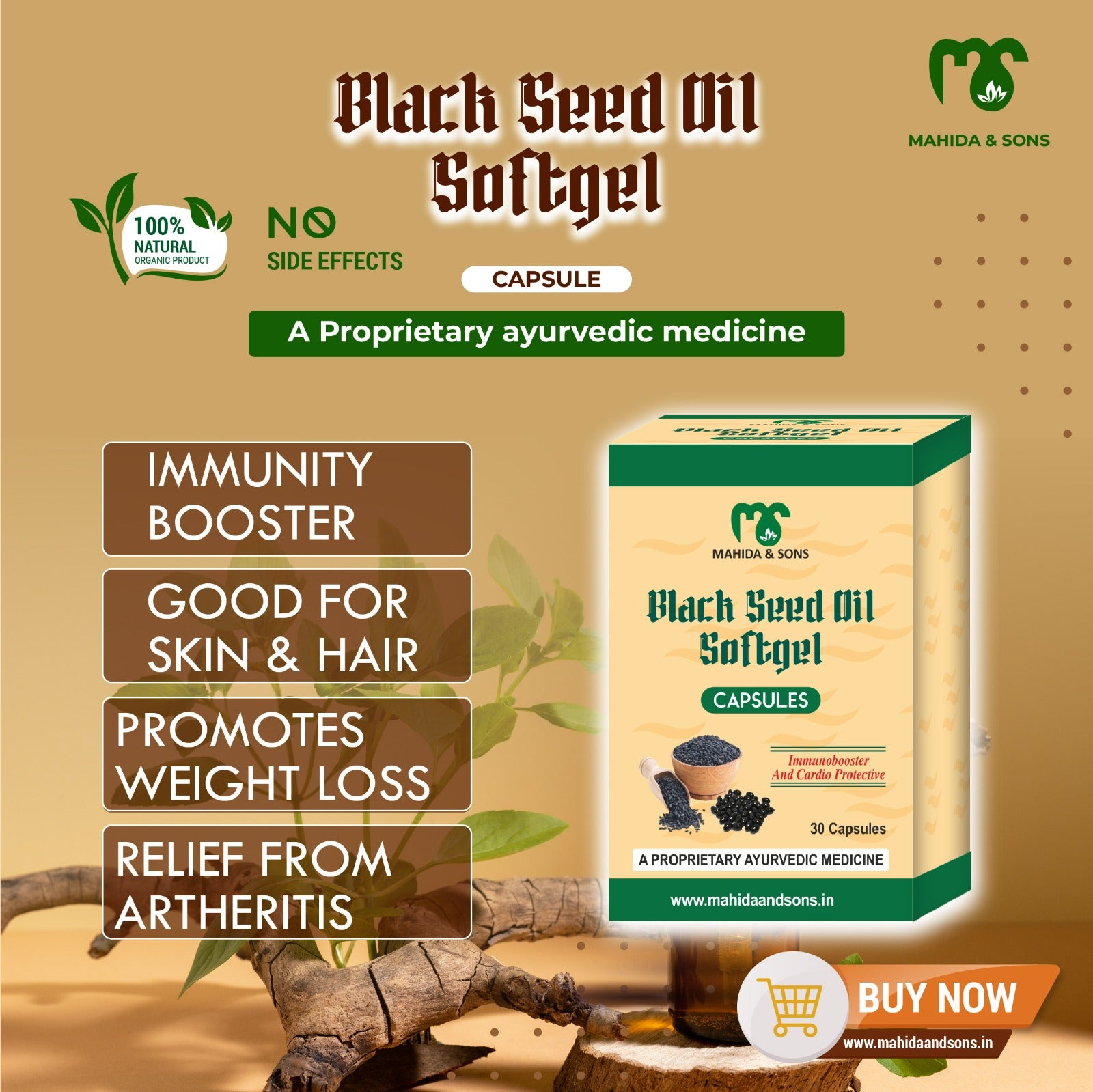 Advertisement for Black Seed Oil Softgel capsules with product packaging and benefits listed on a beige background.